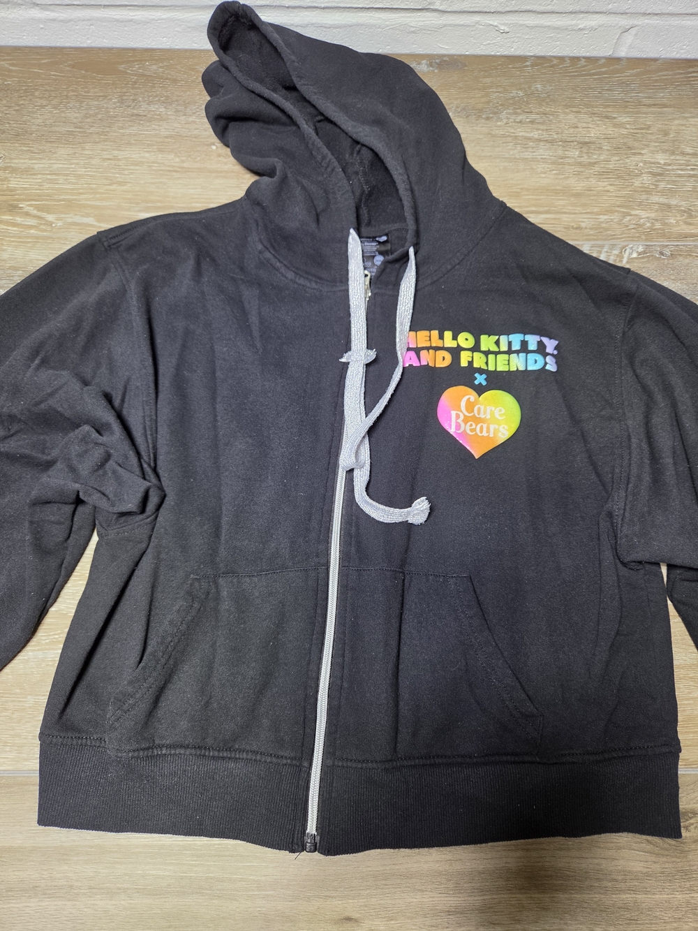 Hello Kitty Care Bears Full Zip Hoodie Girls L 11/13 Black Rainbow